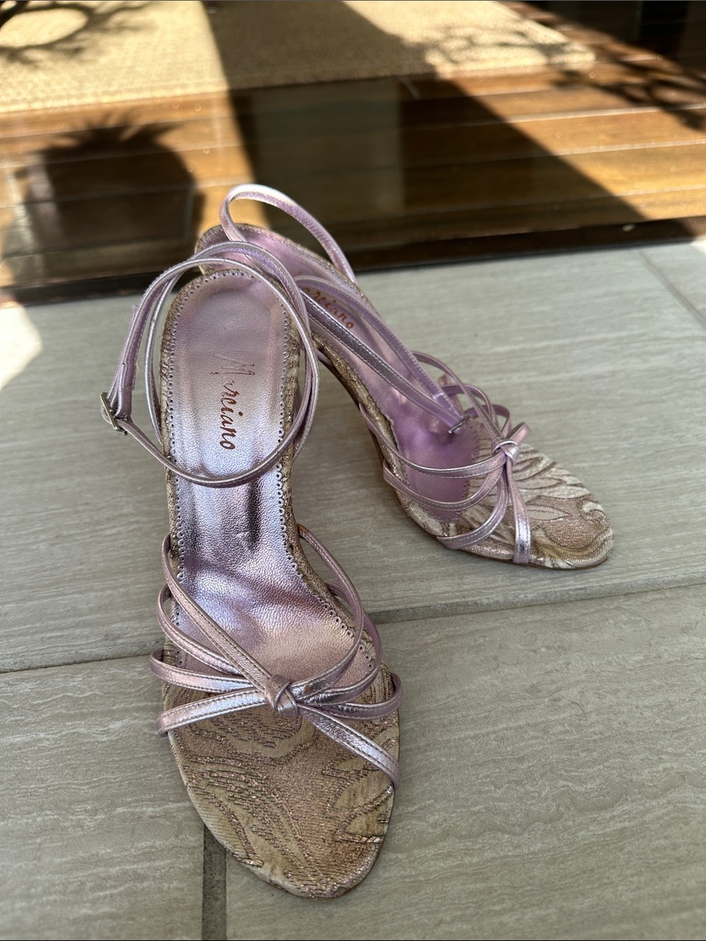 Marciano Metallic Lavender Strappy Knot Heels